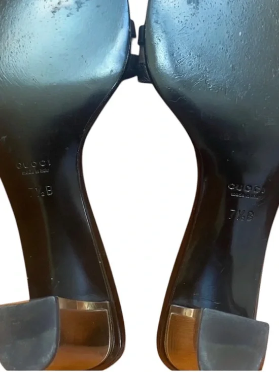 Auth Gucci black Leather Clear Mules block heel lucite vintage sandal 7.5 - Picture 3 of 8